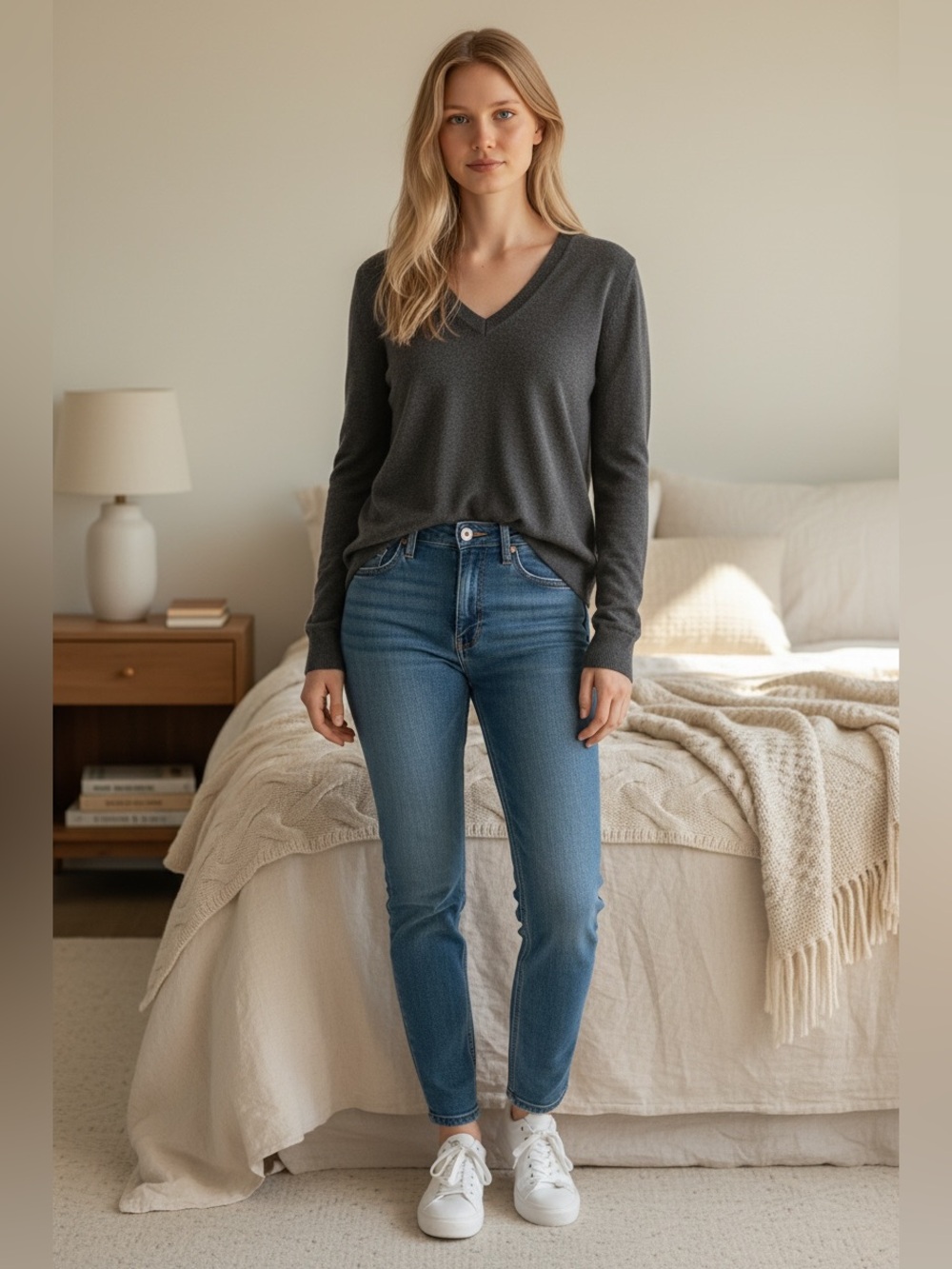Quince Lightweight Cotton Cashmere V-Neck Sweater in Heather Charcoal Sz L